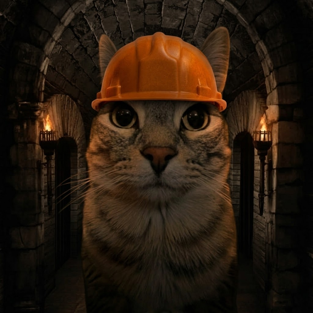 Cat under a stone archway between two torches