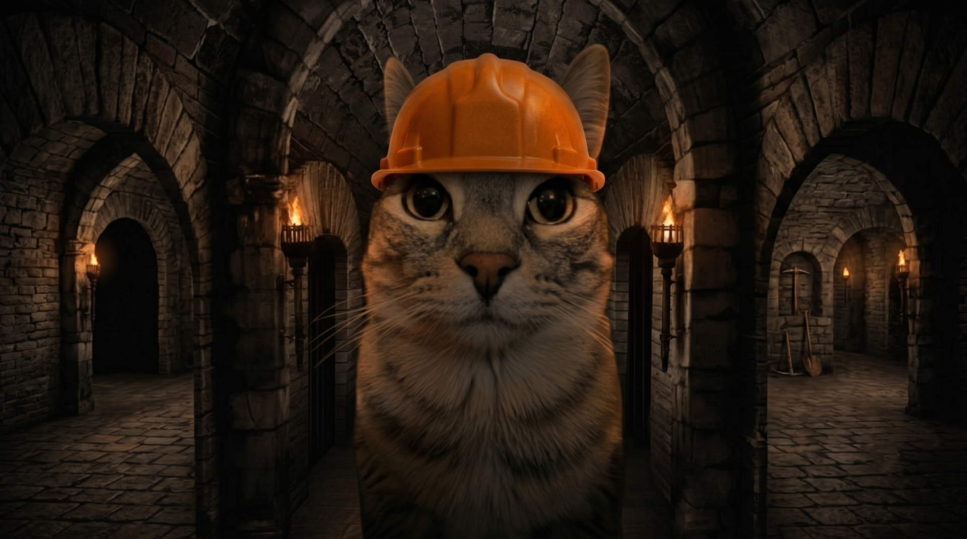 A tabby cat in an orange hard hat, standing under vaulted stone arches lit by torches